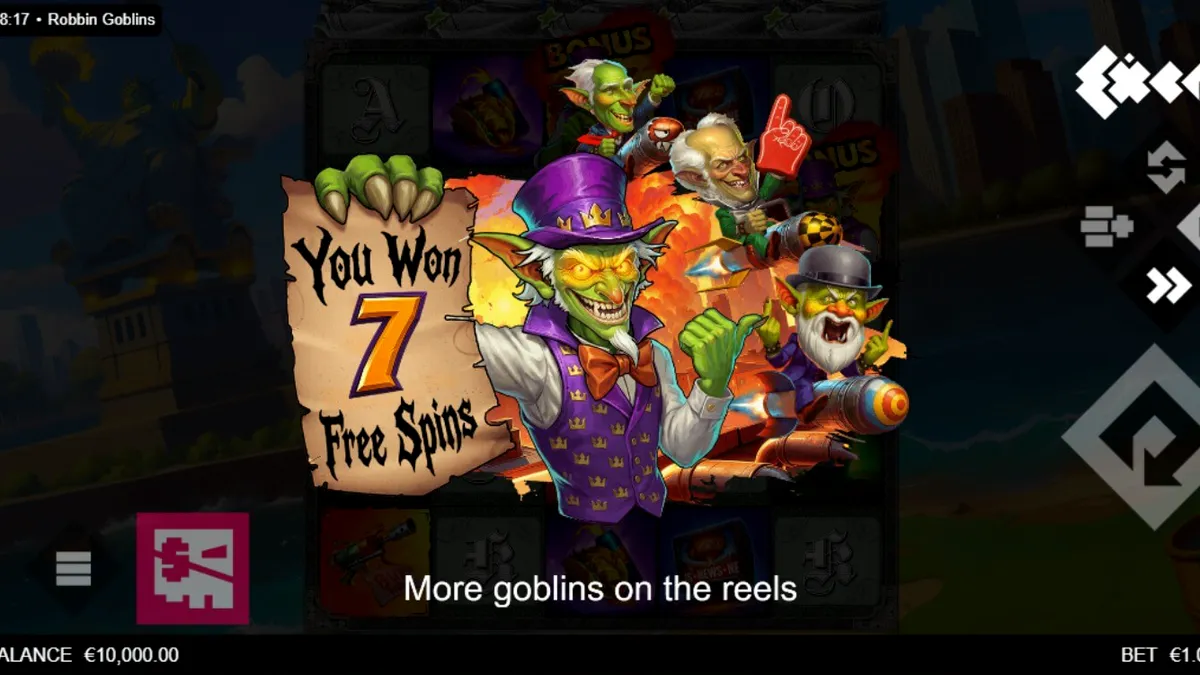 Tampilan layar permainan slot Robbin' Goblins dengan goblin nakal dan elemen kehancuran