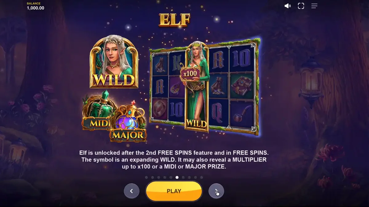 Pemandangan hutan mistis dalam slot Land of Riches dengan simbol karakter fantasi.